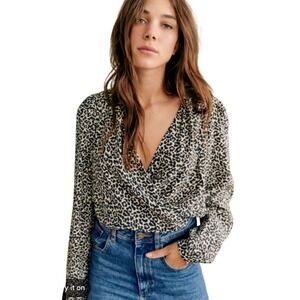 Sezane Leopard Print Wrap Blouse Long Sleeve V Neck Tan Black FR 32 US 0